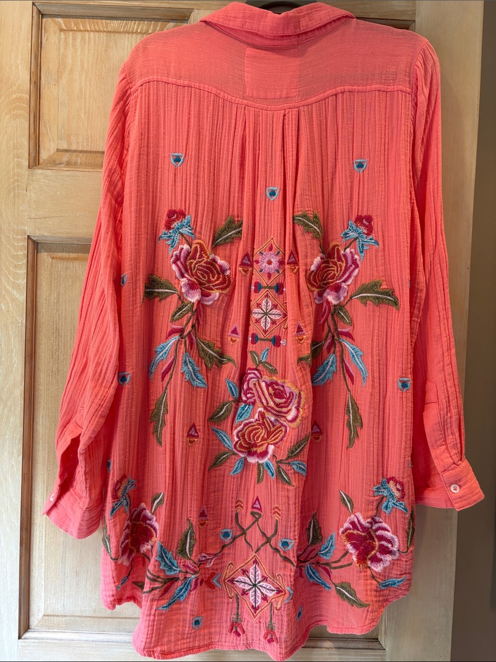 Kyla Seo Embroidered Coral Button-Up 100% Cotton Gauze Shirt XXL
